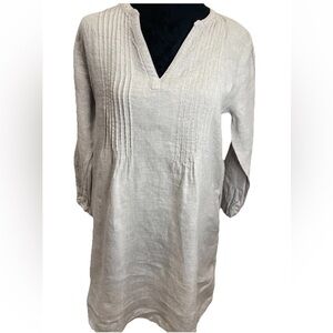Tahari 100% linen gray ladies pullover mini dress pockets pleated V-Neck size XS